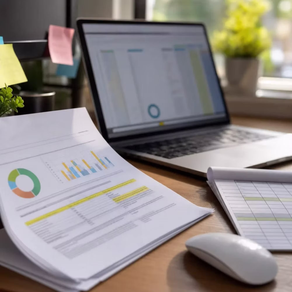 Printed charts and a laptop showing a ranking dashboard on a desk